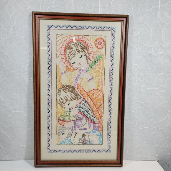 VINTAGE Finished Embroidery Religious Childrens Praying Kneeled Down Framed - Picture 12 of 16